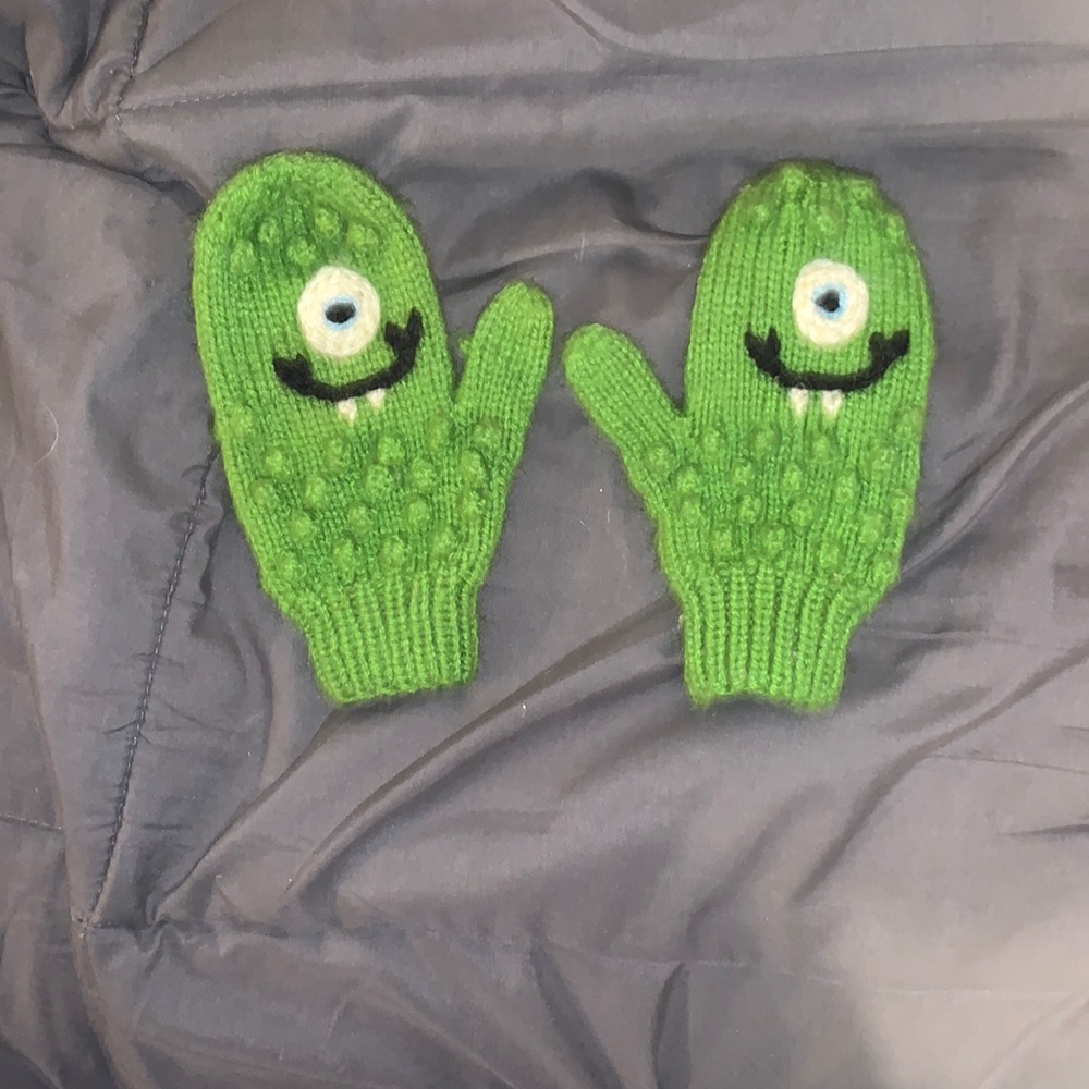 Adorable one eyed monster green gloves